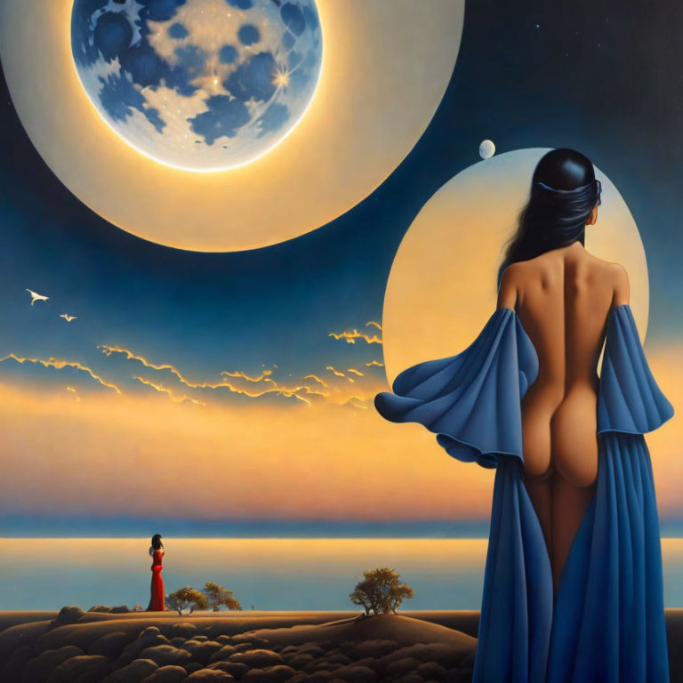 Surreal artwork of woman in blue gown gazing at giant moon in twilight landscape