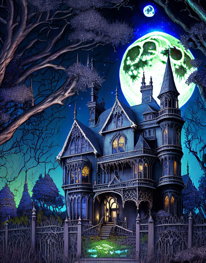 Gothic Victorian House with Green Moon and Bare Trees at Night