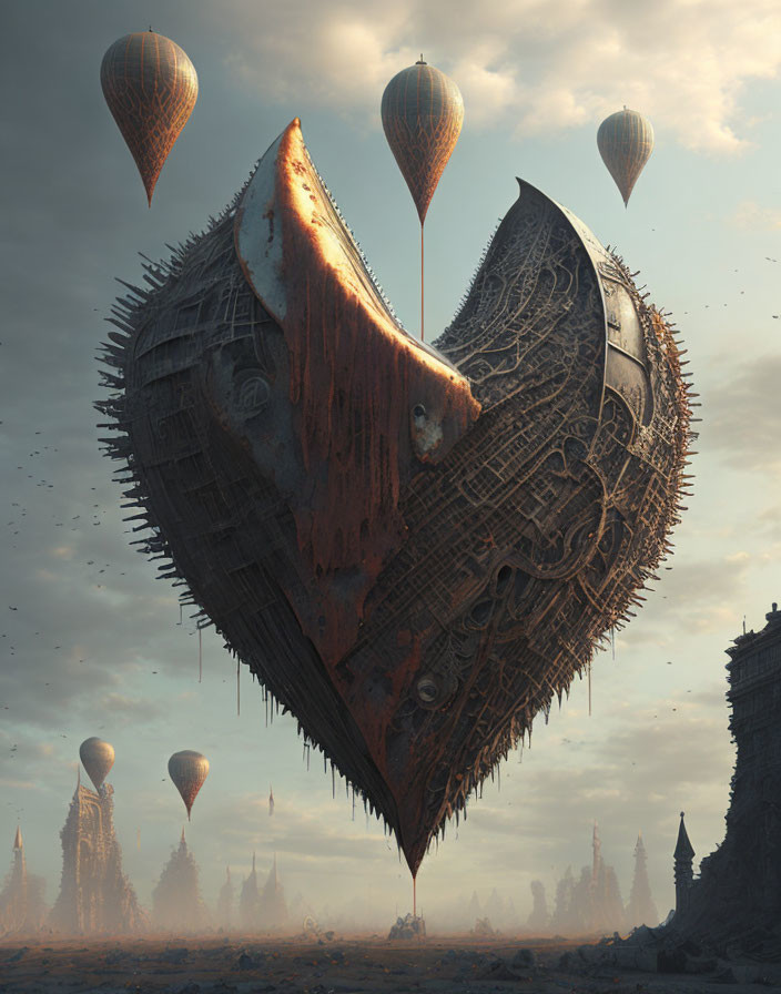 Enormous heart-shaped floating structure with spikes and hot air balloons