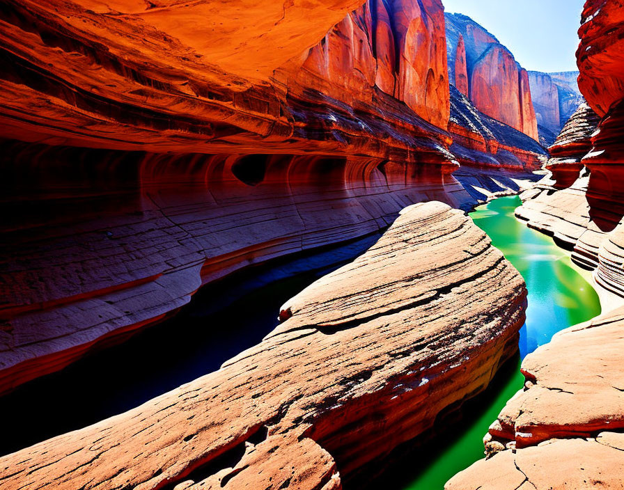 Scenic red rock canyon with turquoise river under blue sky