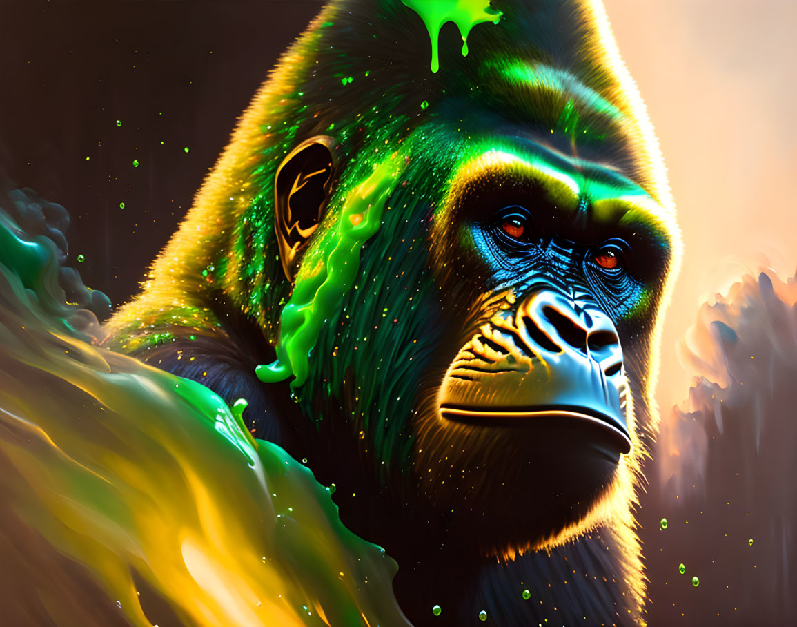 Colorful Gorilla Digital Artwork with Neon Green Accents