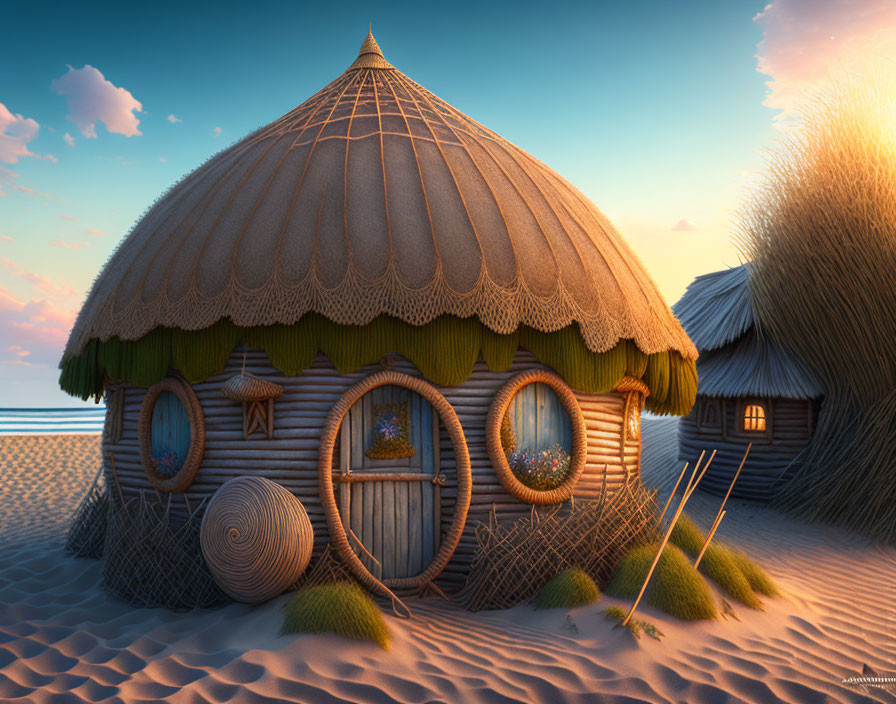 Quaint straw hut with round windows on sandy dunes by the sea at sunset