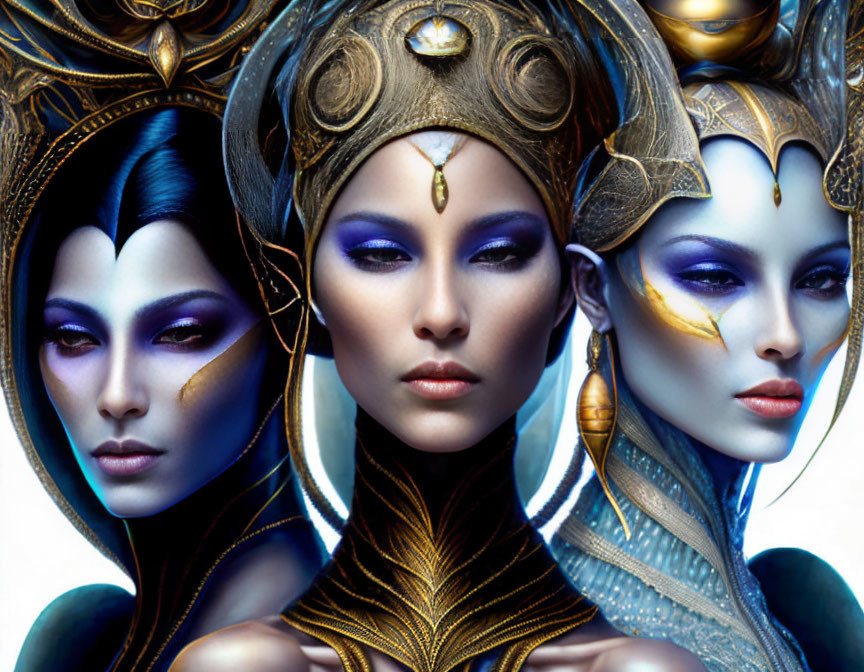 Three women with elaborate fantasy makeup and headdresses in gold, blue, and purple tones.