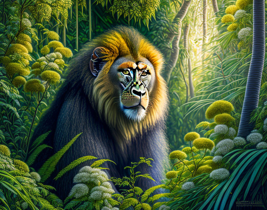 Majestic lion with vibrant mane in lush jungle scenery