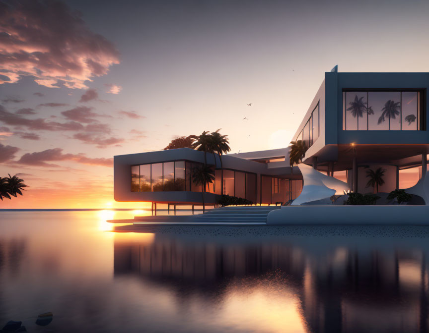 Geometric Design Waterfront Villa at Sunset