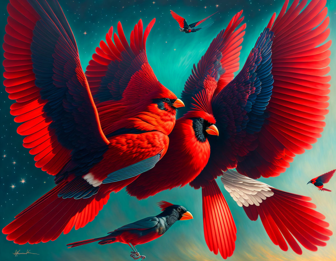 Vivid red cardinals in flight on teal background with stars & birds