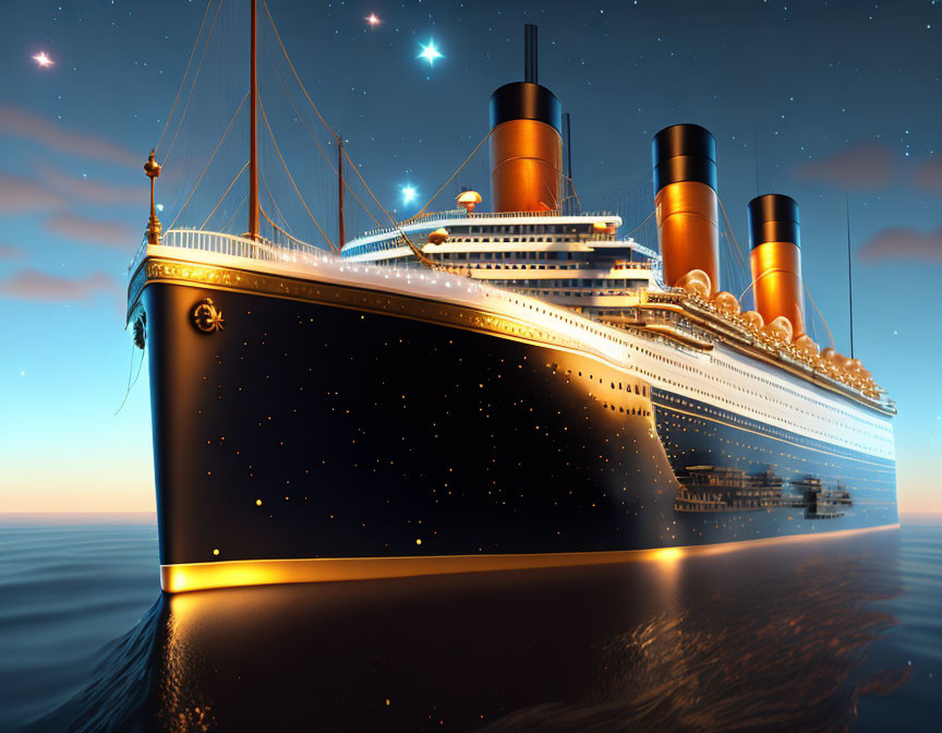 Luxurious ocean liner sailing at dusk with golden lights, starry sky reflected on calm sea.