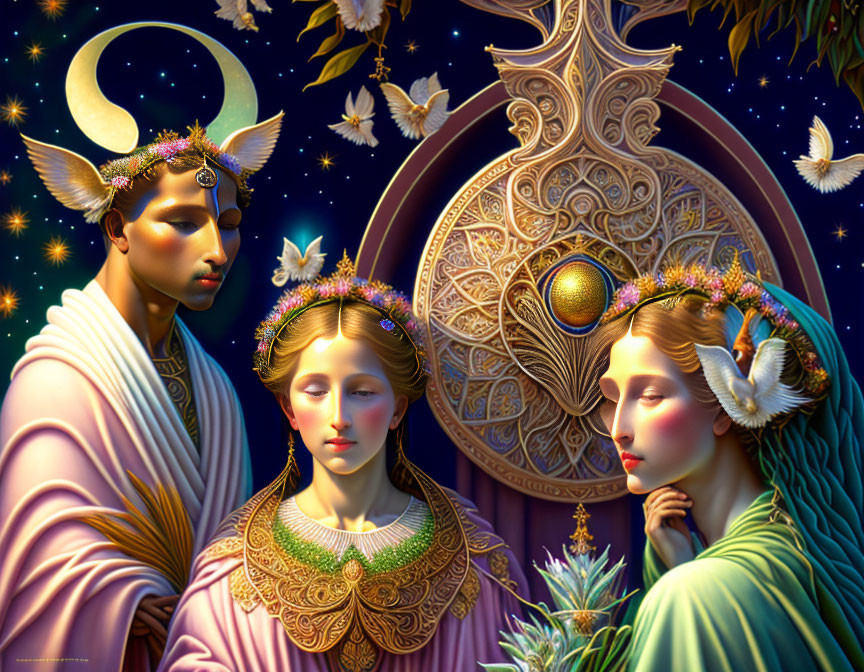 Ethereal figures with ornate headdresses and celestial backdrop