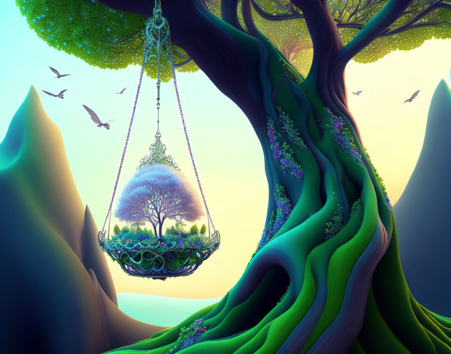 Vibrant tree and birds in mystical fantasy landscape with hanging swing