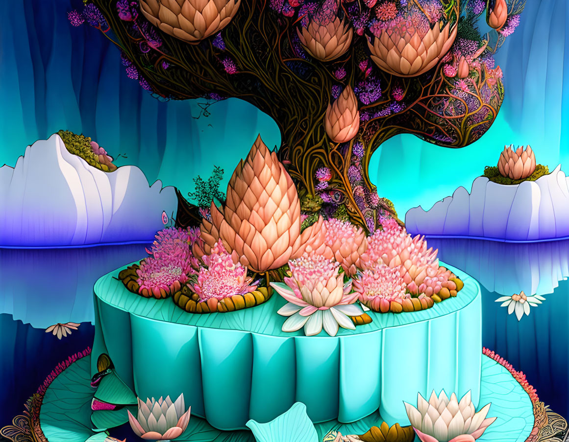 Fantastical tree with pink foliage on island surrounded by water lilies