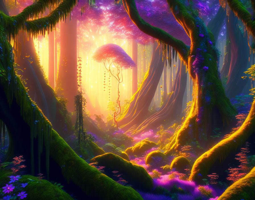 Mystical forest with glowing trees and purple sky in magical setting