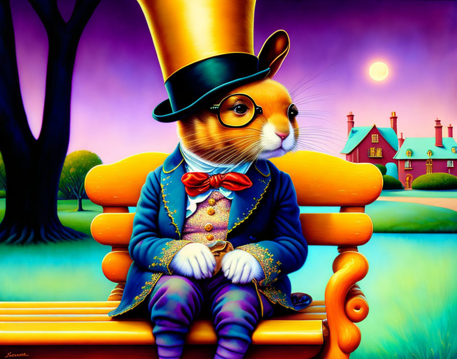 Anthropomorphic rabbit in suit and top hat on park bench with surreal landscape.