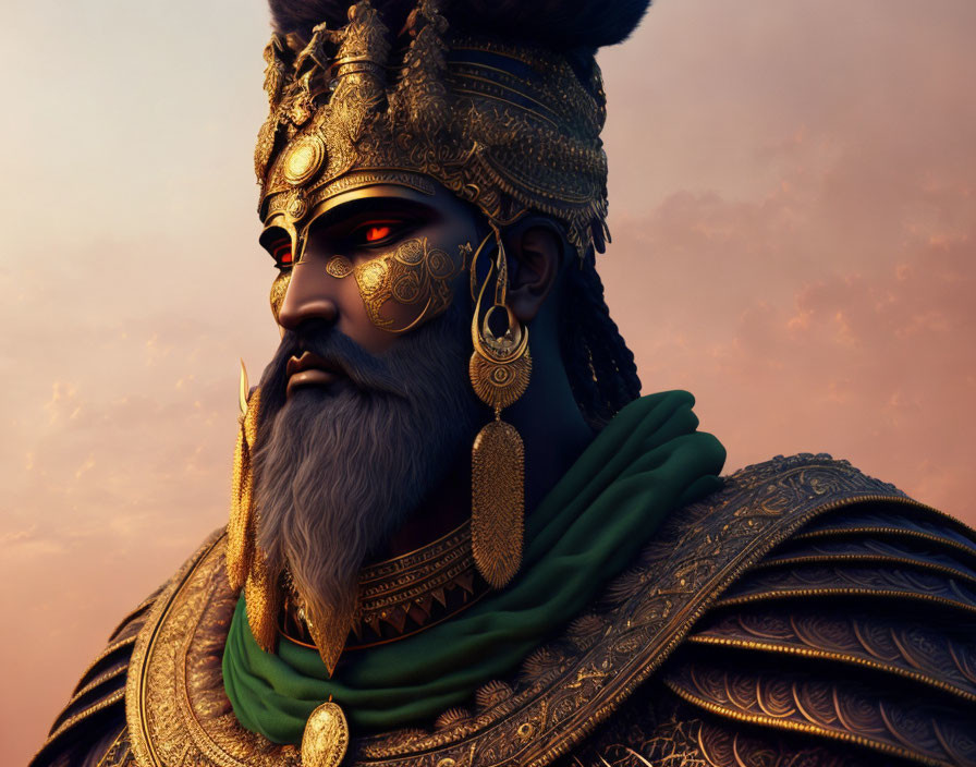 Regal bearded warrior in golden armor against dusky sky