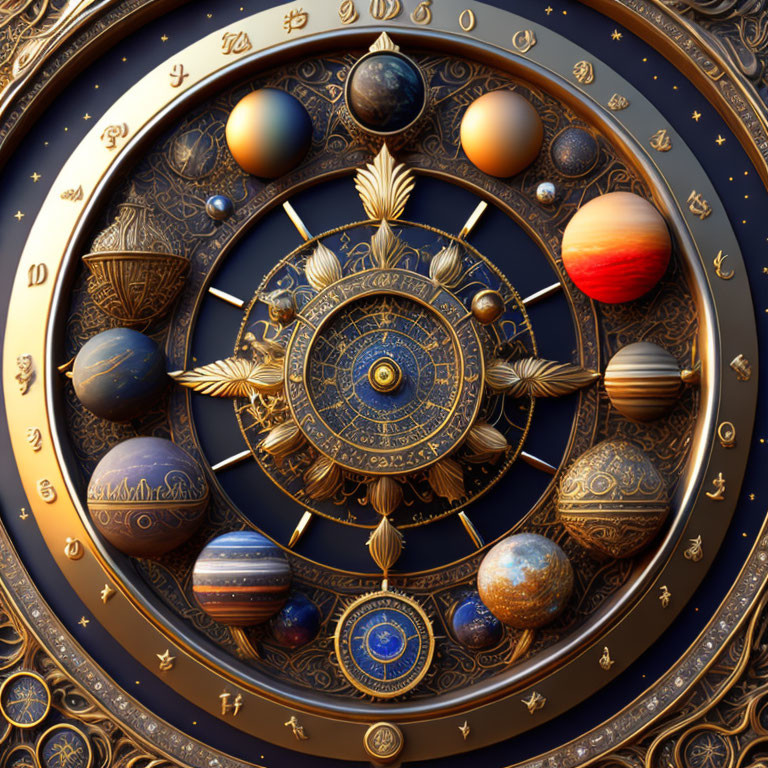 Astrolabe with Zodiac Signs and Planets on Celestial Background