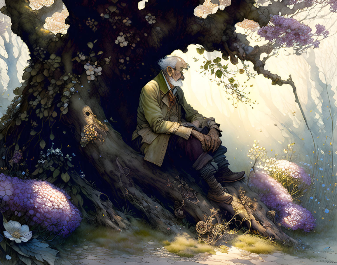 Elderly man with white beard in serene forest glade