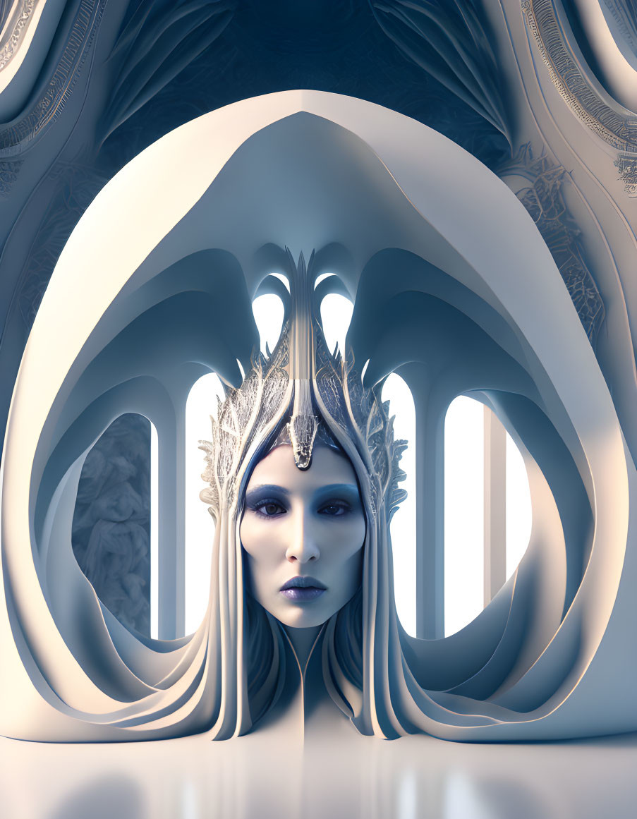Surreal portrait of woman with elaborate crown in ornate white structure