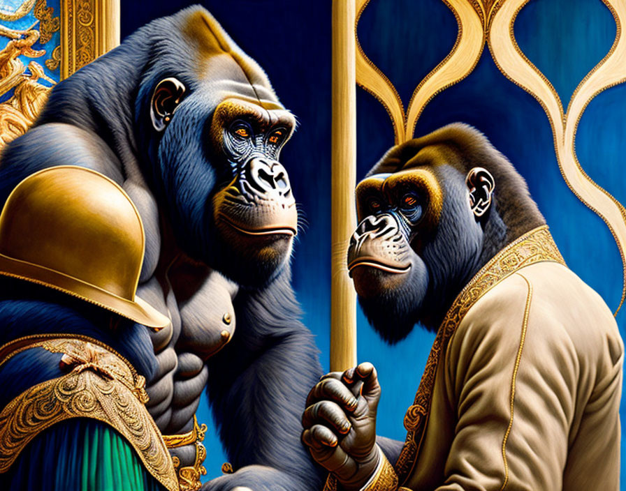 Majestic gorilla in green robe and armor gazes at reflection in ornate mirror