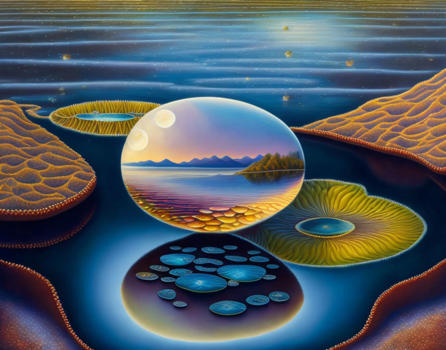 Surreal landscape with reflective sphere and mountainous lake scene