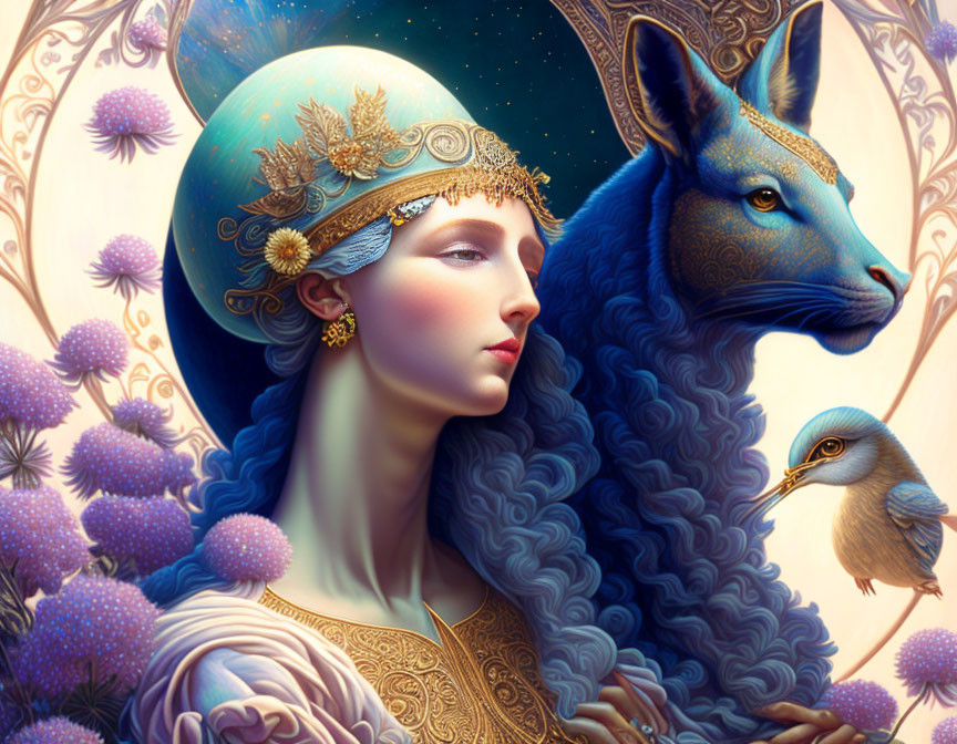 Serene woman with golden headwear, mystical blue wolf, bird, purple flowers
