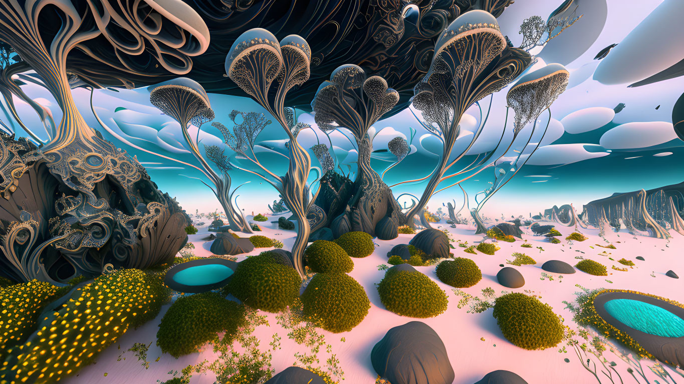 Surreal alien landscape with whimsical vegetation and floating islands