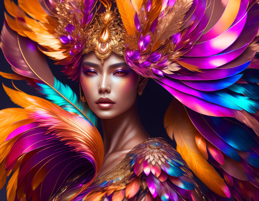 Colorful Woman with Feathered Headdress and Makeup in Gold, Purple, and Orange