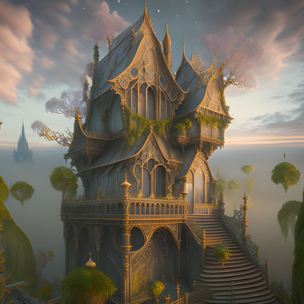 Ethereal fantasy castle with Gothic architecture and floating islands