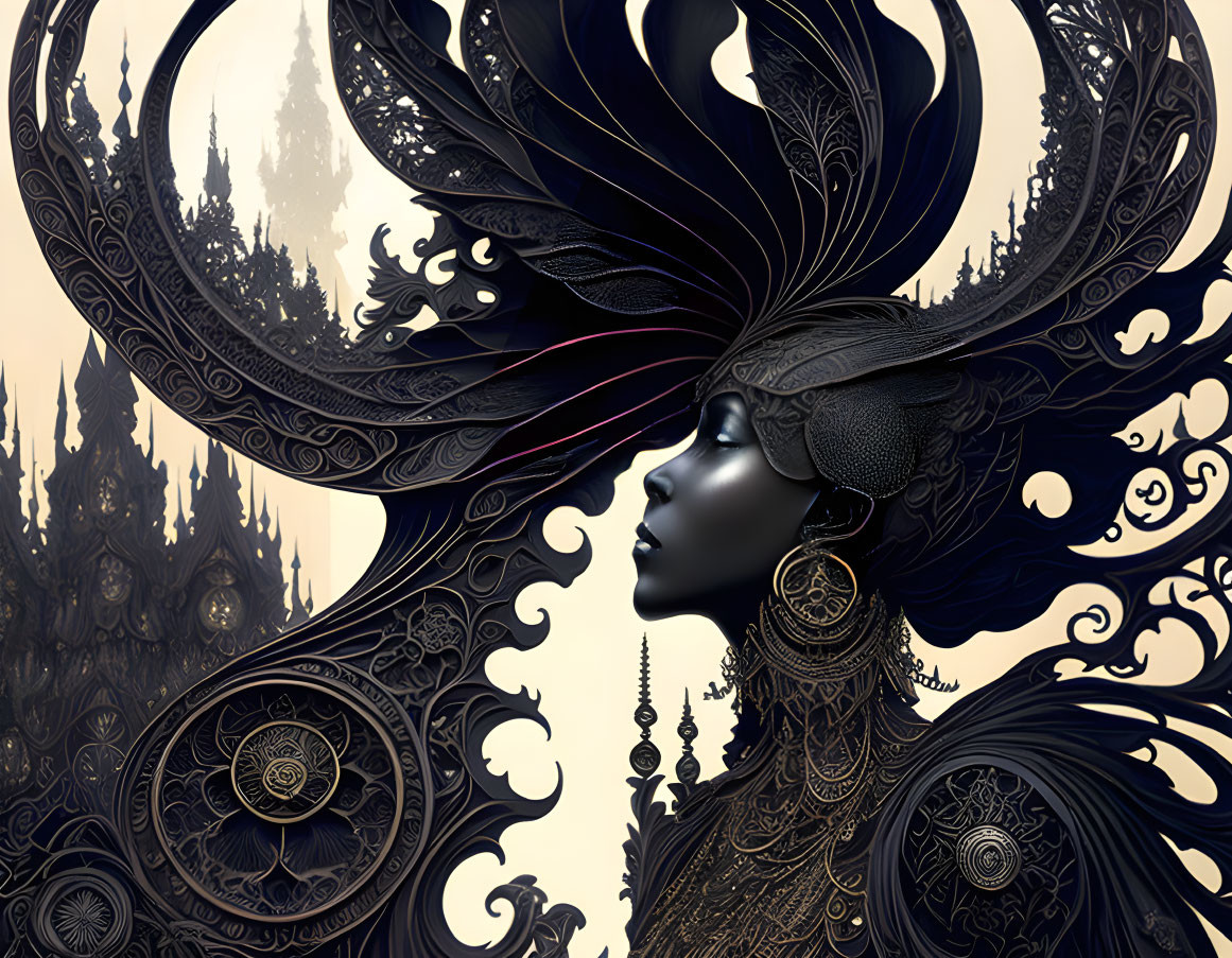 Detailed Black and Gold Headgear on Woman in Fantasy Art