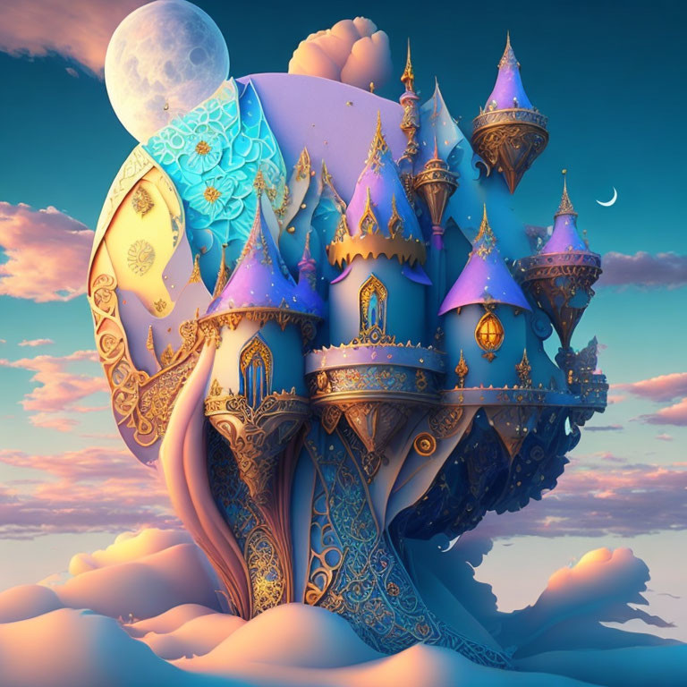 Fantastical blue and gold castle in sunset sky with moons