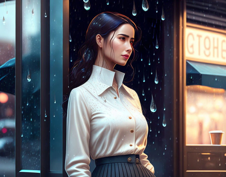 Woman in white blouse by rain-streaked window with city reflection