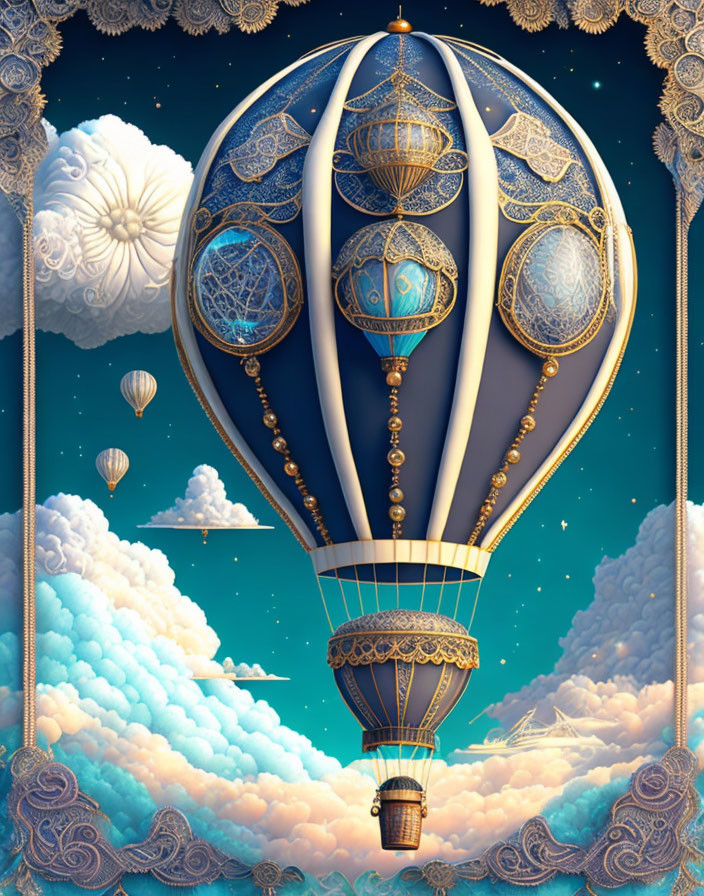 Ornate Fantasy Hot Air Balloon Floating in Starry Sky