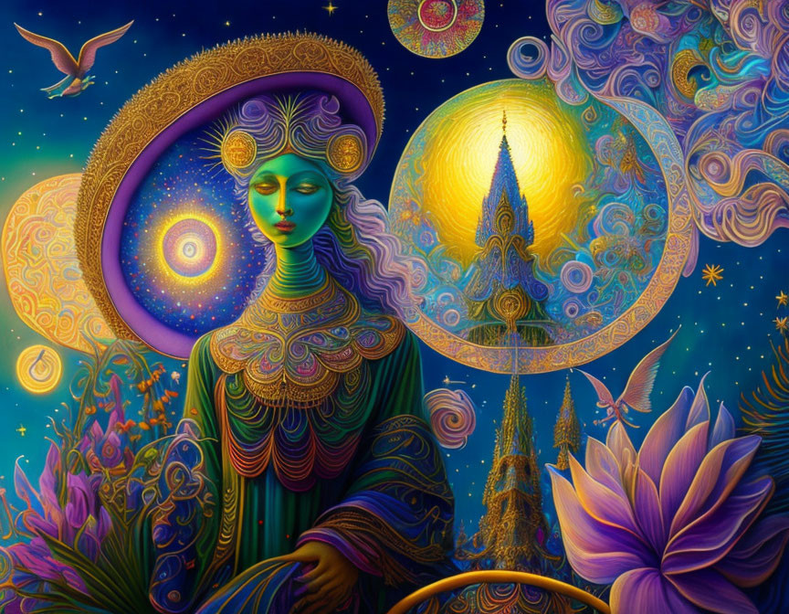Colorful Psychedelic Illustration of Serene Woman with Celestial Elements