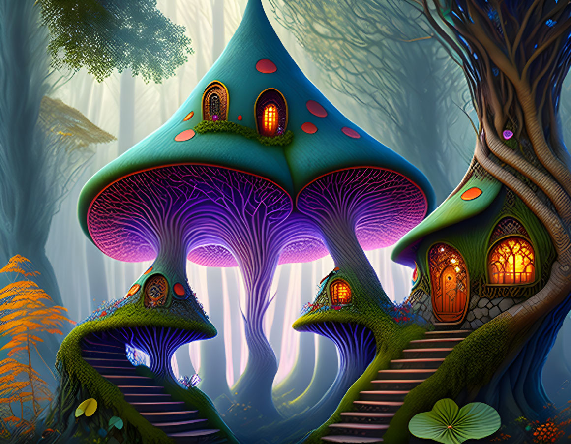 Vibrant Mushroom Houses in Enchanted Forest with Glowing Windows
