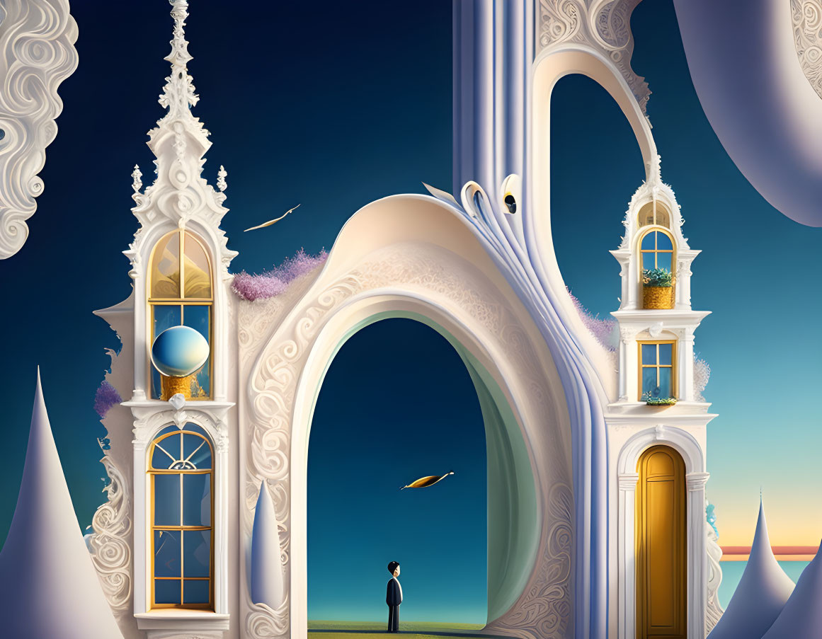 Surreal landscape featuring ornate archway and floating elements