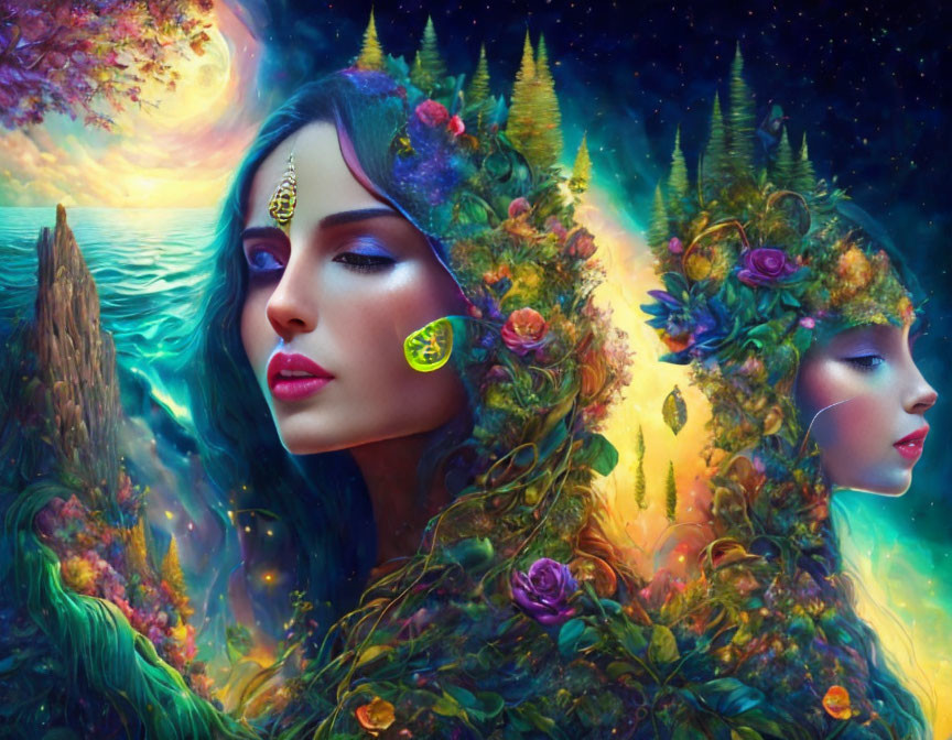 Colorful digital artwork of woman with floral hair and cosmic nature backgrounds