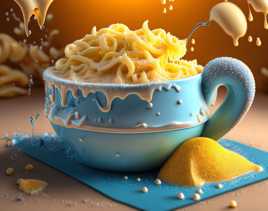 Whimsical spaghetti overflowing from blue teacup on golden backdrop