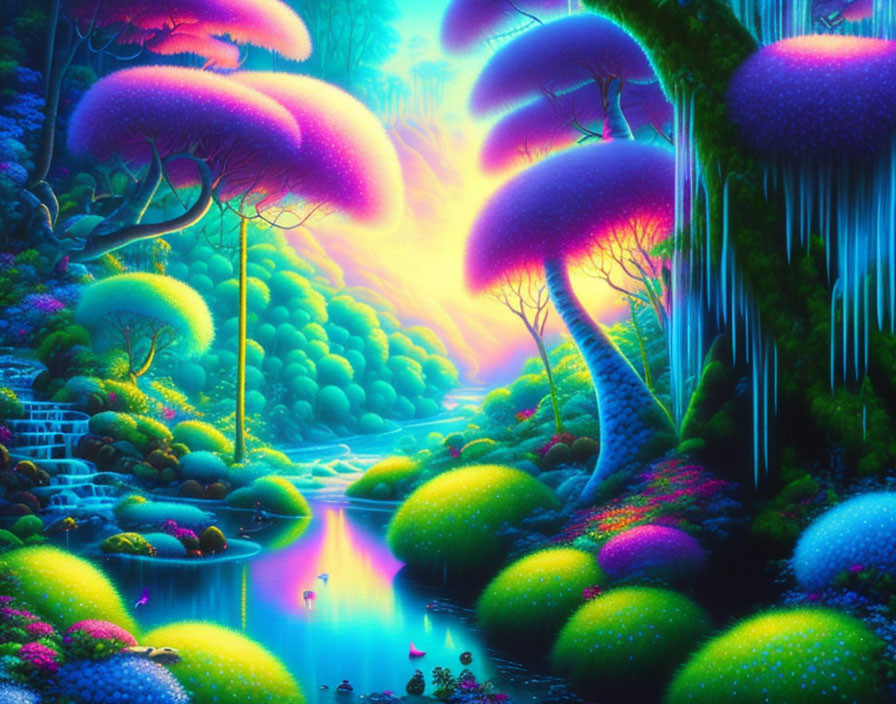 Luminous fantasy landscape with glowing river and colorful flora