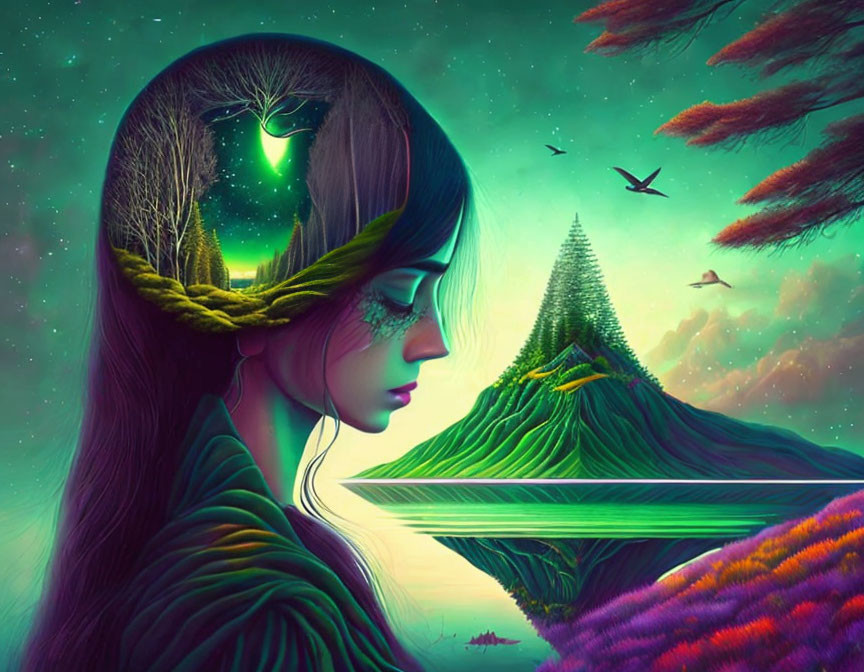 Surreal artwork: Woman with landscape hair, trees, mountain, birds, vibrant background