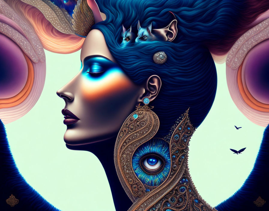 Vibrant blue skin woman's profile with peacock feathers and sleeping figures