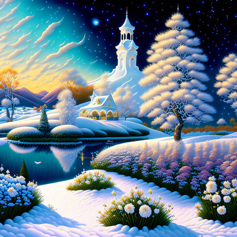 Snow-covered church and colorful flowers under starry sky