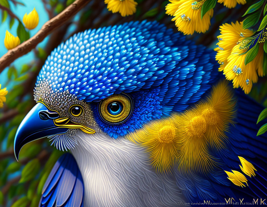 Colorful bird digital illustration with intricate patterns and expressive eyes.