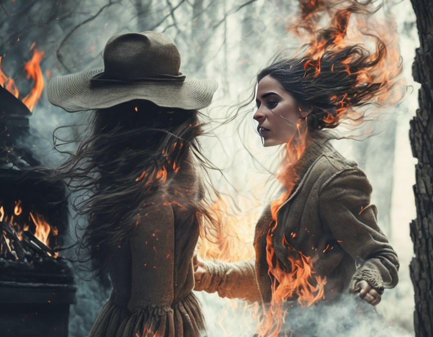 Two women in a tense confrontation amidst fiery debris and smoky woods