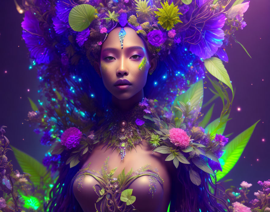 Woman with floral headdress and body art in mystical setting