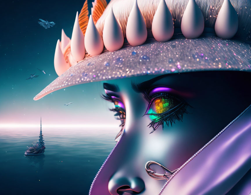 Surreal portrait of woman with glittering hat and iridescent eye
