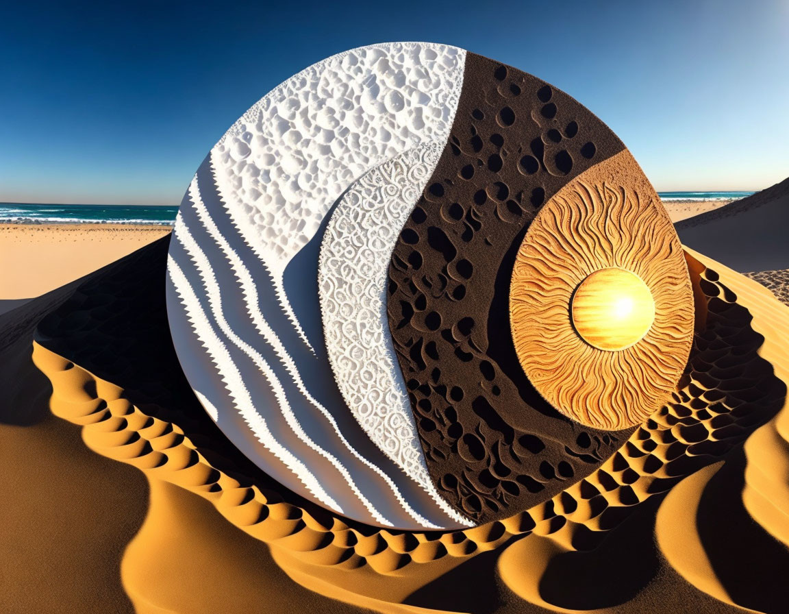 Digitally altered Yin Yang symbol on sand dunes against ocean backdrop