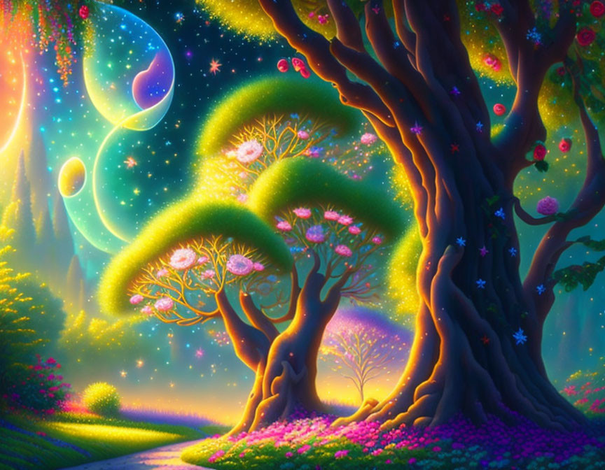 Fantasy landscape with majestic tree, luminous trees, starry sky, and flower-covered path