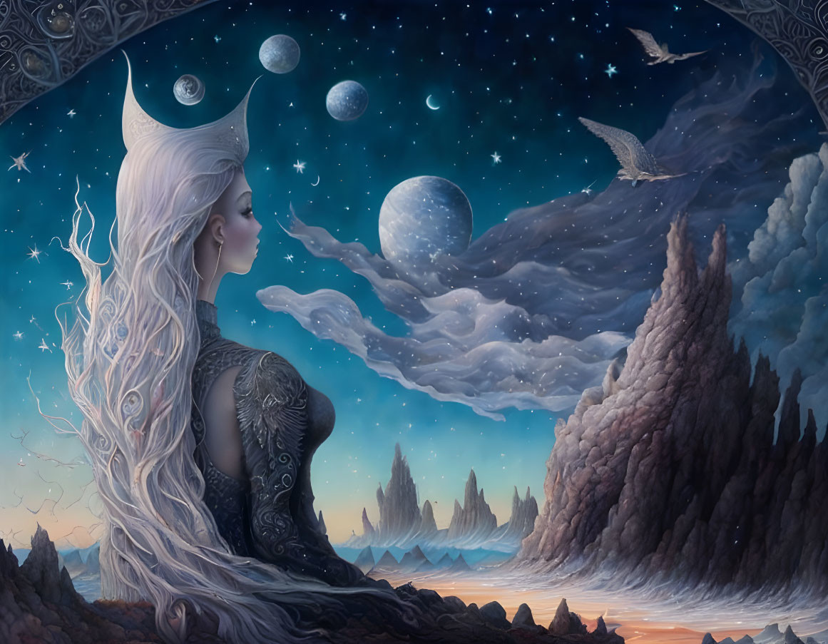 Fantasy illustration of woman with crown under starry night sky