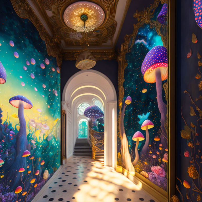 Vibrant Mushroom Illustrations in Elegant Hallway