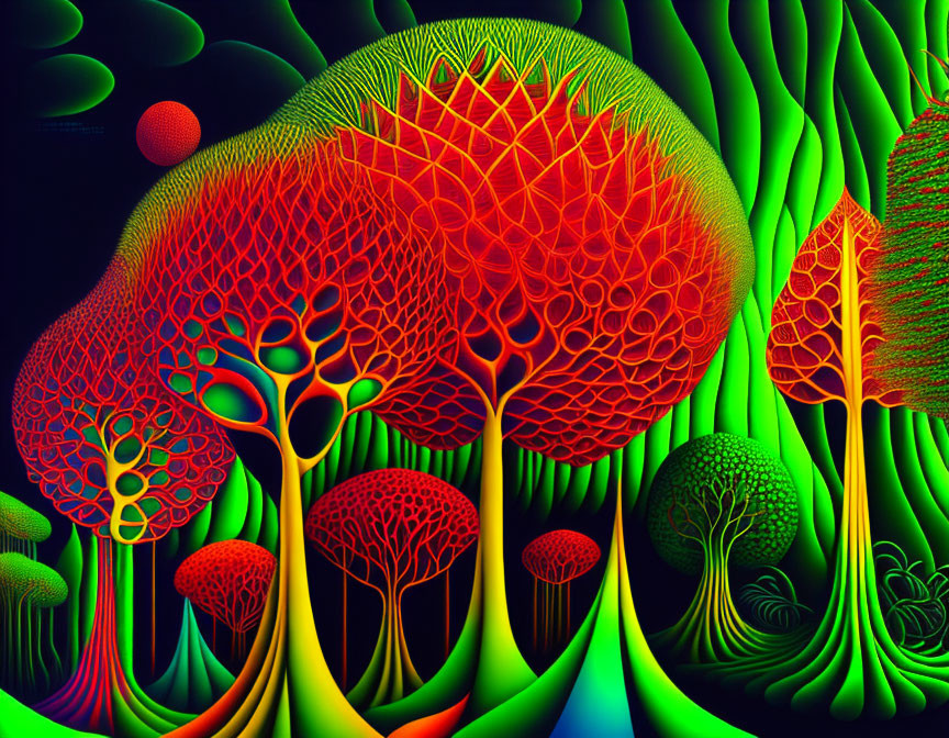 Colorful digital artwork: stylized glowing trees on dark neon background