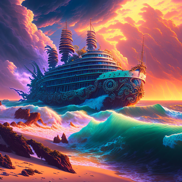 Elaborate futuristic ship on vibrant ocean at sunset