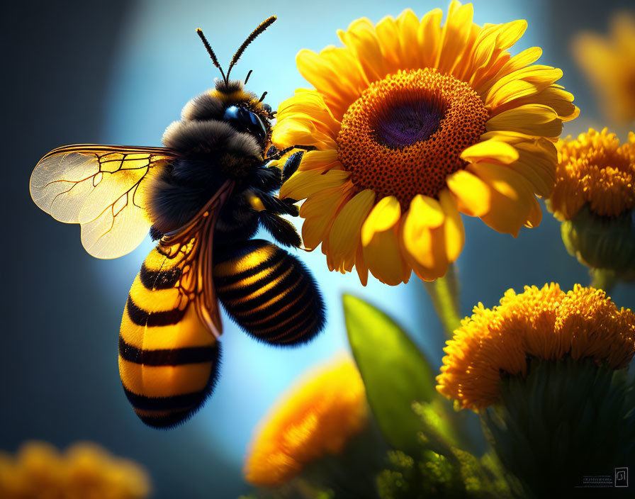 Detailed Close-Up of Bee on Vibrant Sunflower with Translucent Wings